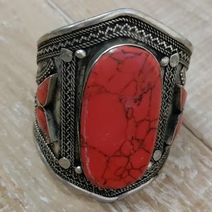 Boho wide cuff w red stone